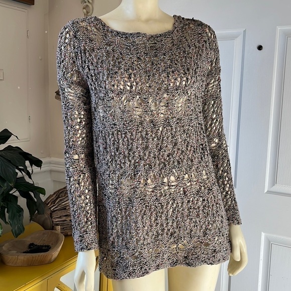 𝅺soft Surroundings Pointelle Open Weave Crochet Sweater Neutral Small - Picture 1 of 10